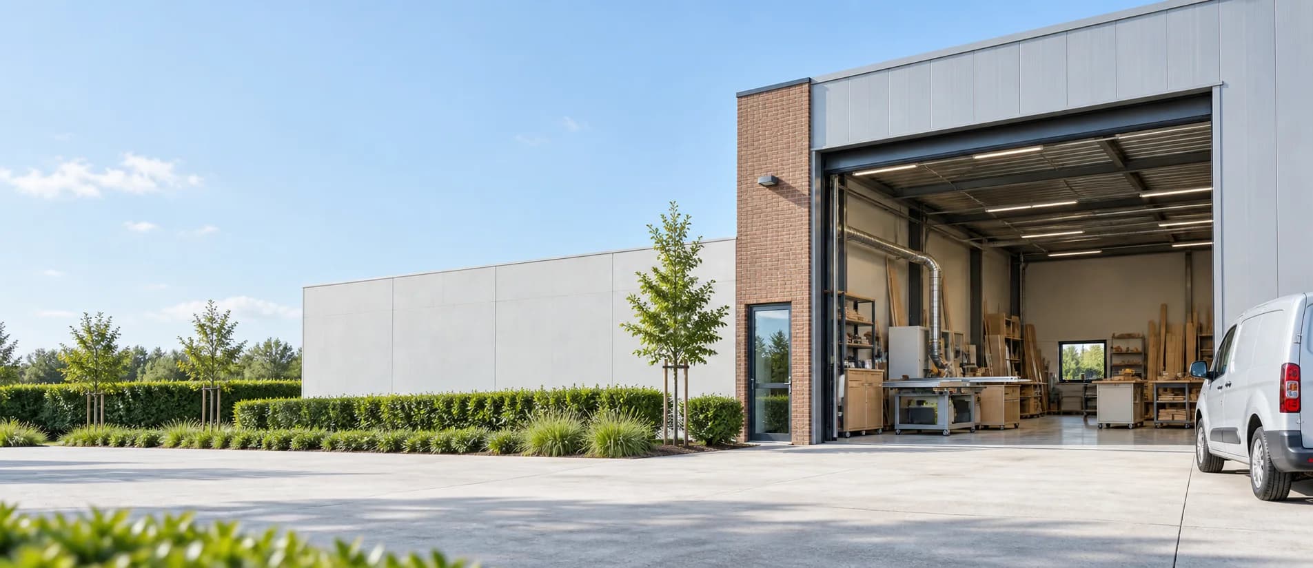 Atelier met werkmateriaal en een bestelwagen bij een bedrijfsgebouw