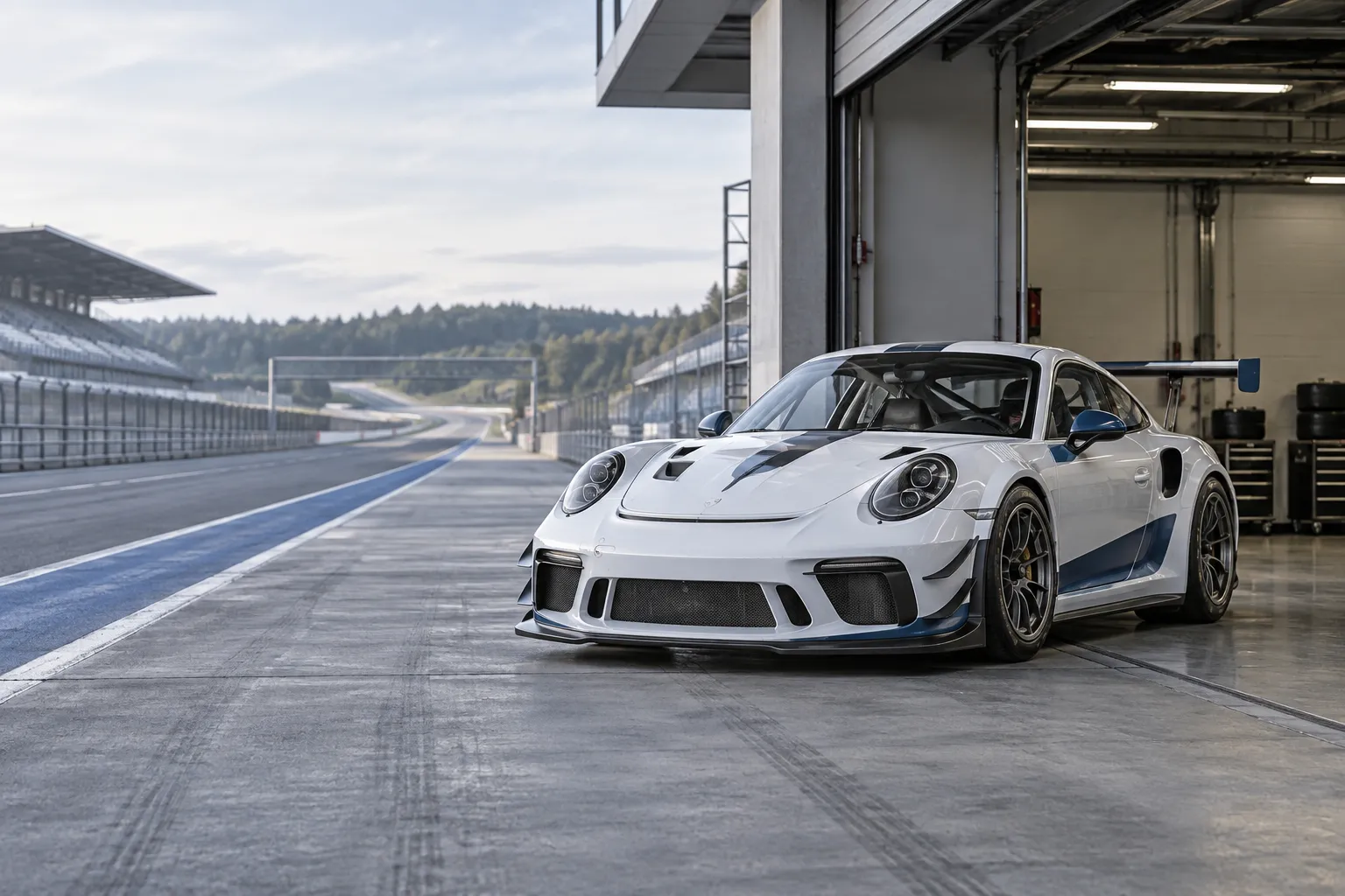 Witte racewagen naast een pitgarage op een circuit