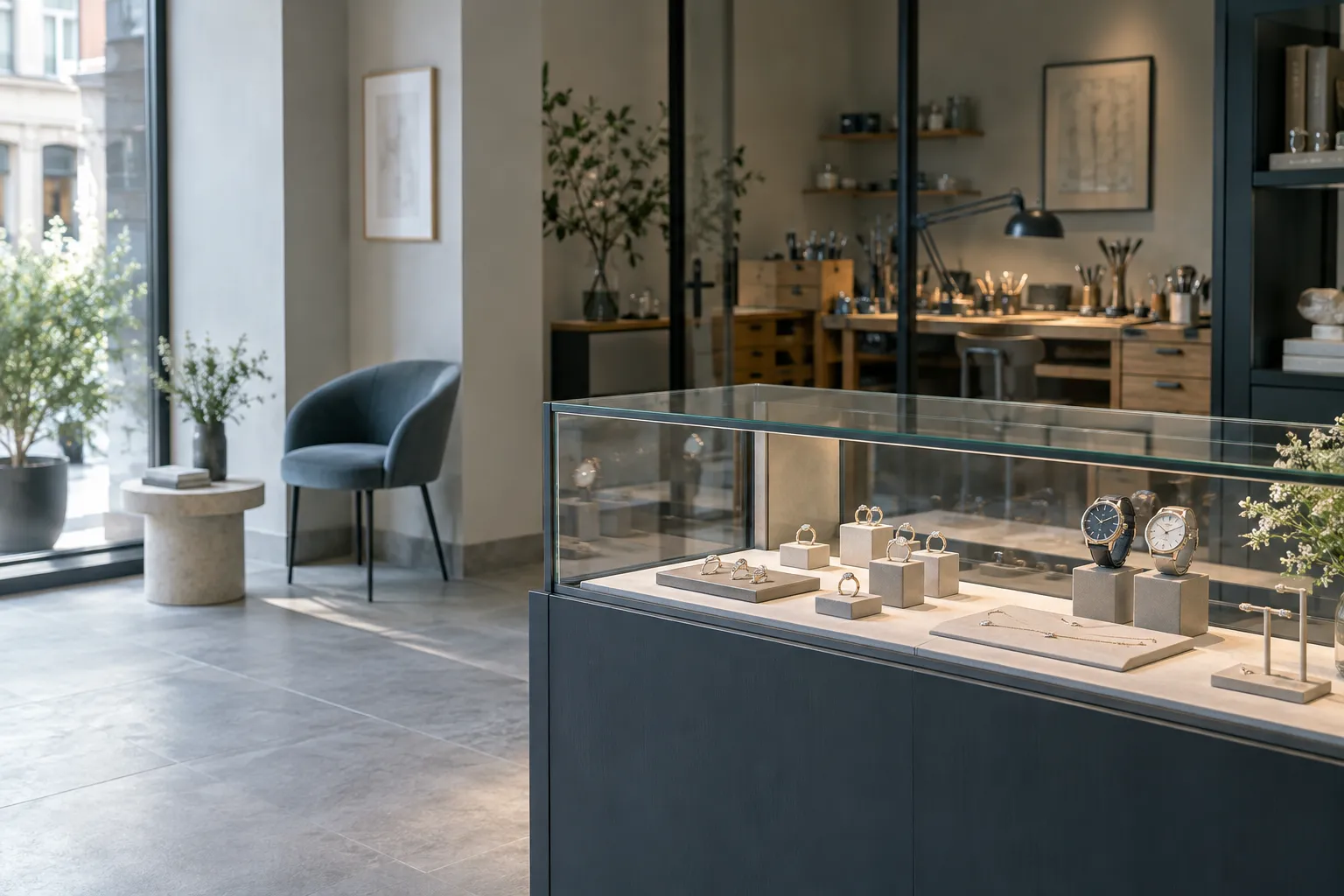 Vitrine met ringen en uurwerken in een juwelierszaak