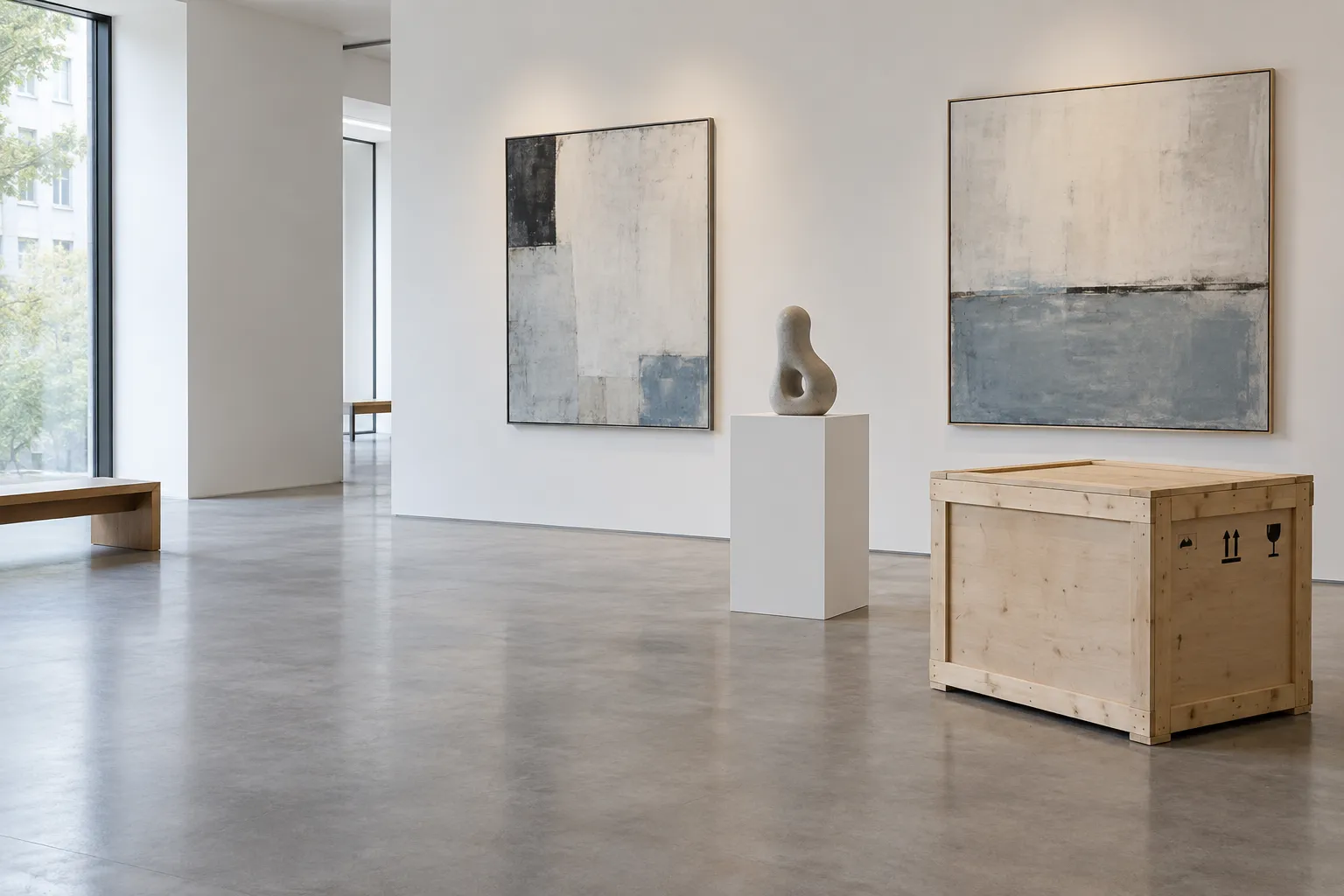 Kunstgalerij met schilderijen, sculptuur en transportkist