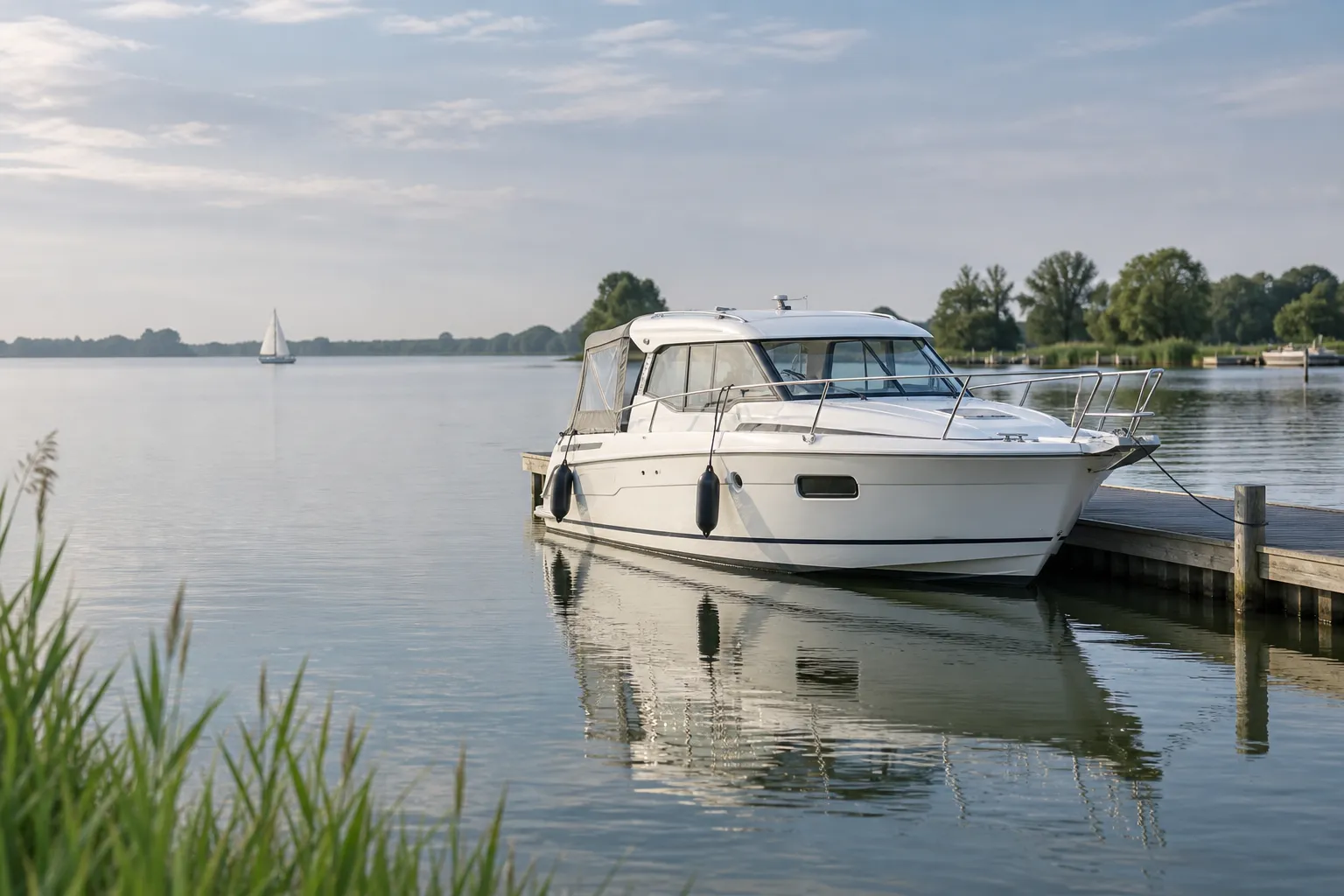 Witte motorboot aangemeerd aan een houten aanlegsteiger