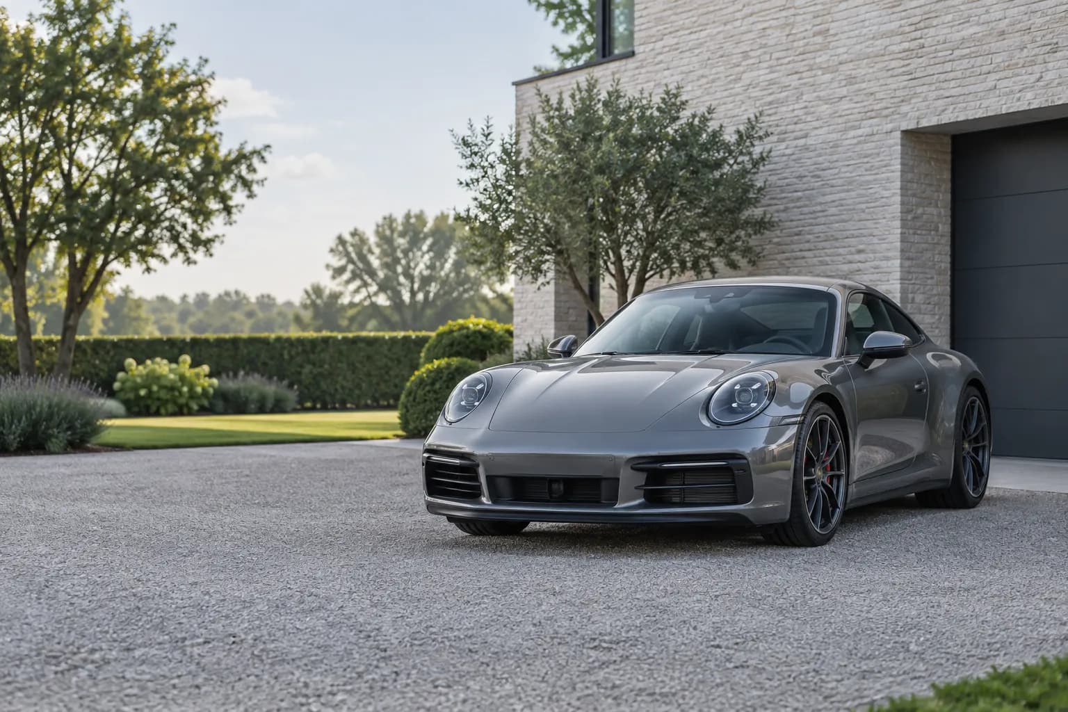 Zilvergrijze sportcoupé op een verzorgde oprit
