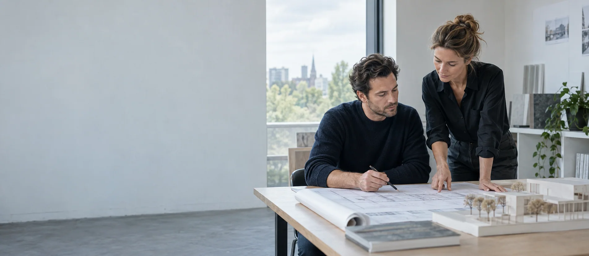 Architecten bekijken een plan in hun kantoor