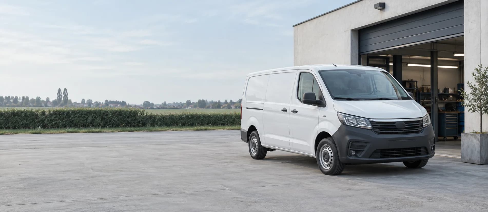 Bestelwagen bij een kleinschalig bedrijfsgebouw
