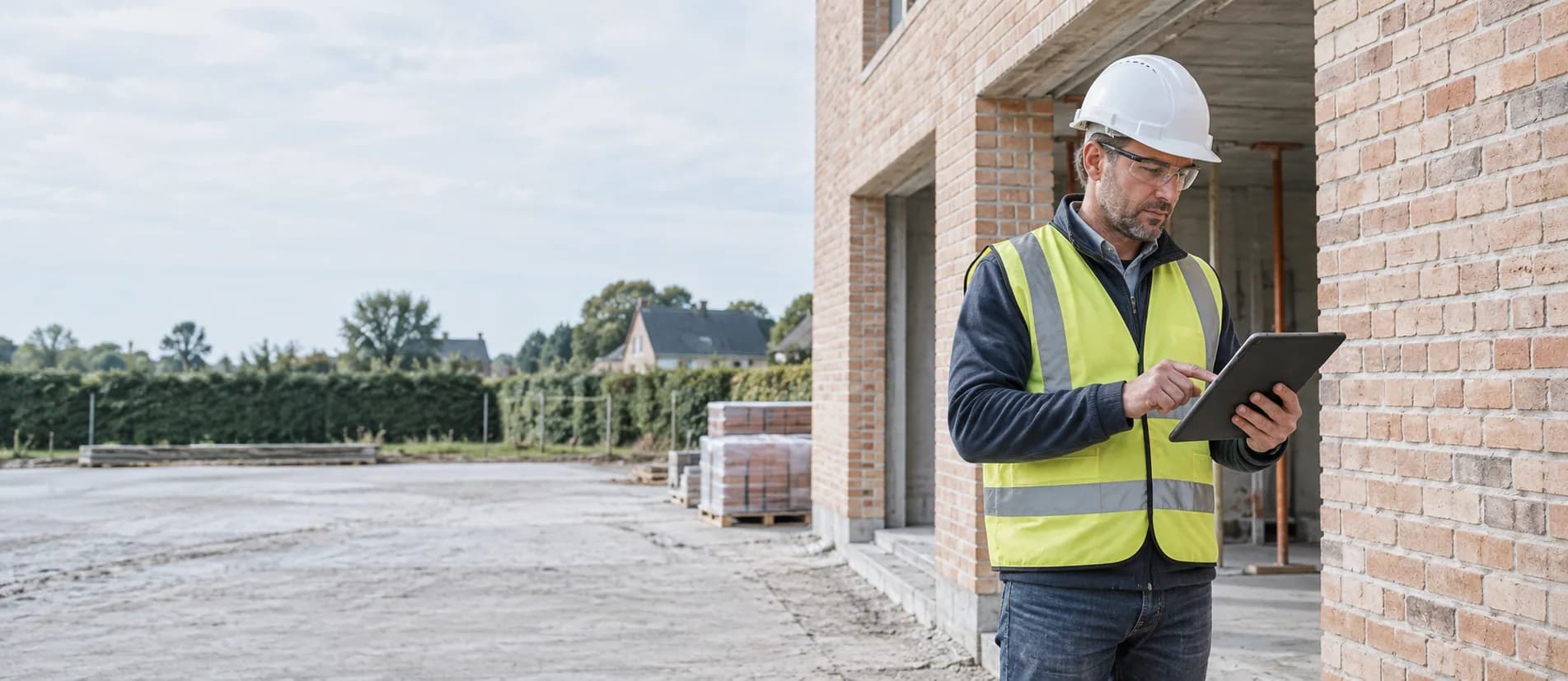 Bouwprofessional controleert een werf met een tablet