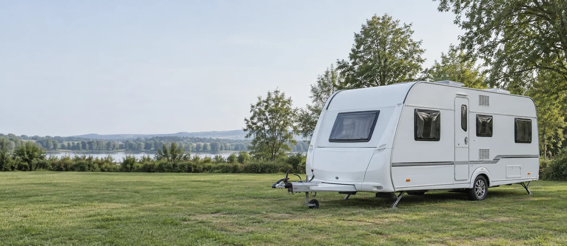 Caravan met dissel op een rustige kampeerplaats