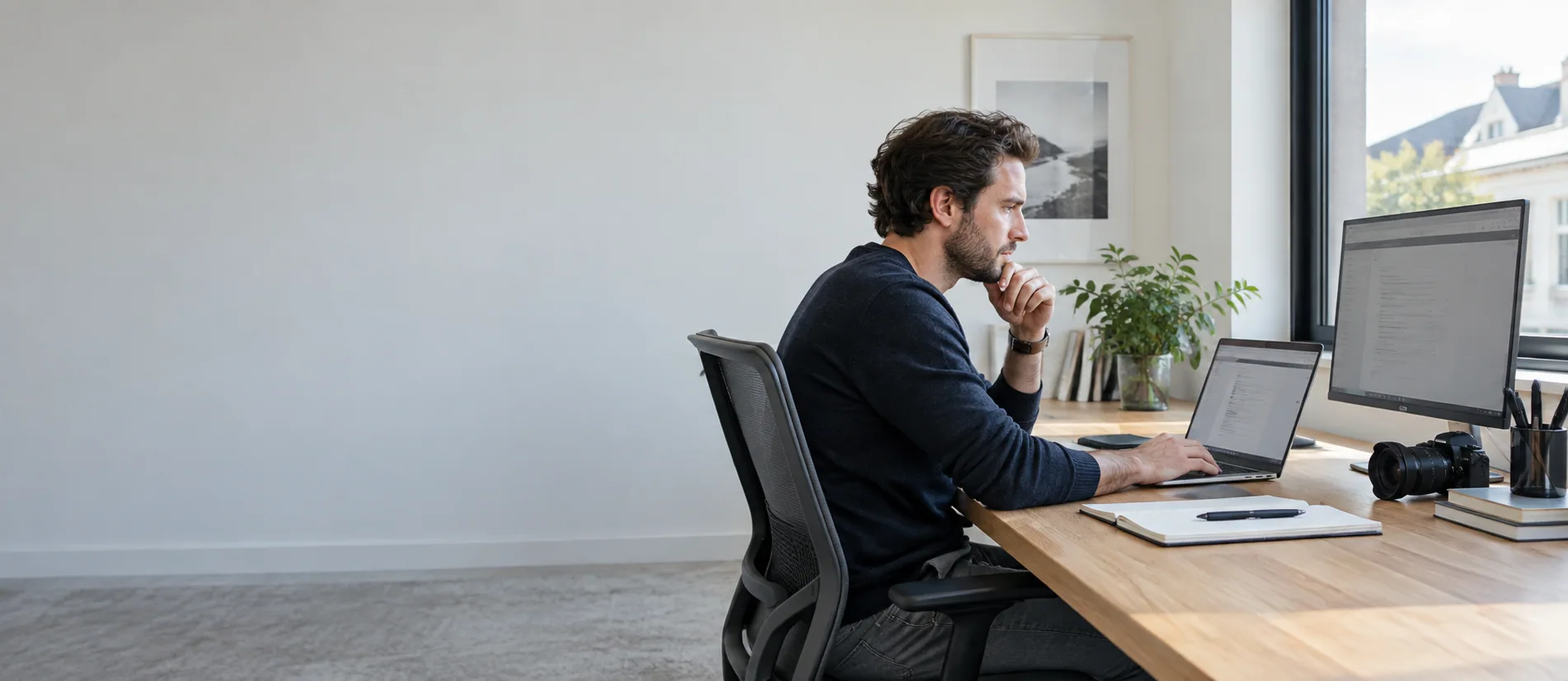 Laptop, beeldscherm en camera op een werkplek