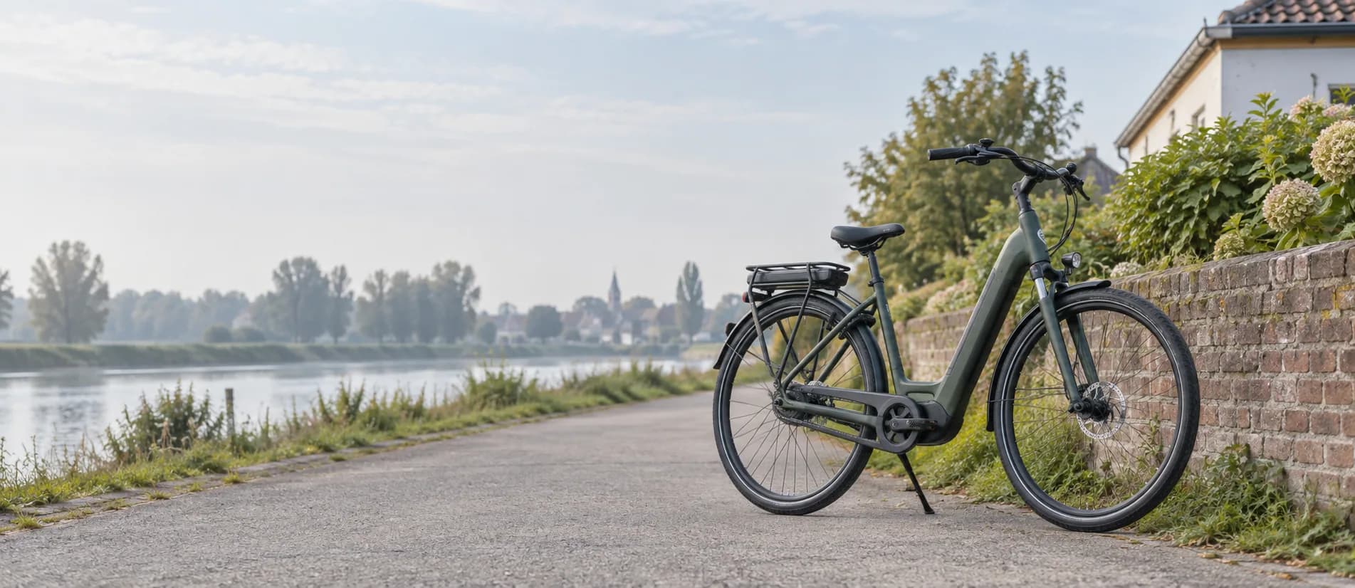 Elektrische stadsfiets langs een rustig fietspad