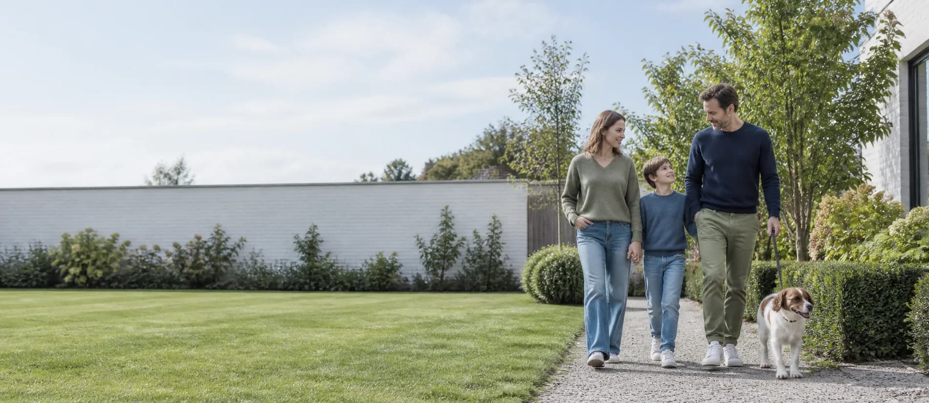 Gezin samen buiten bij een woning