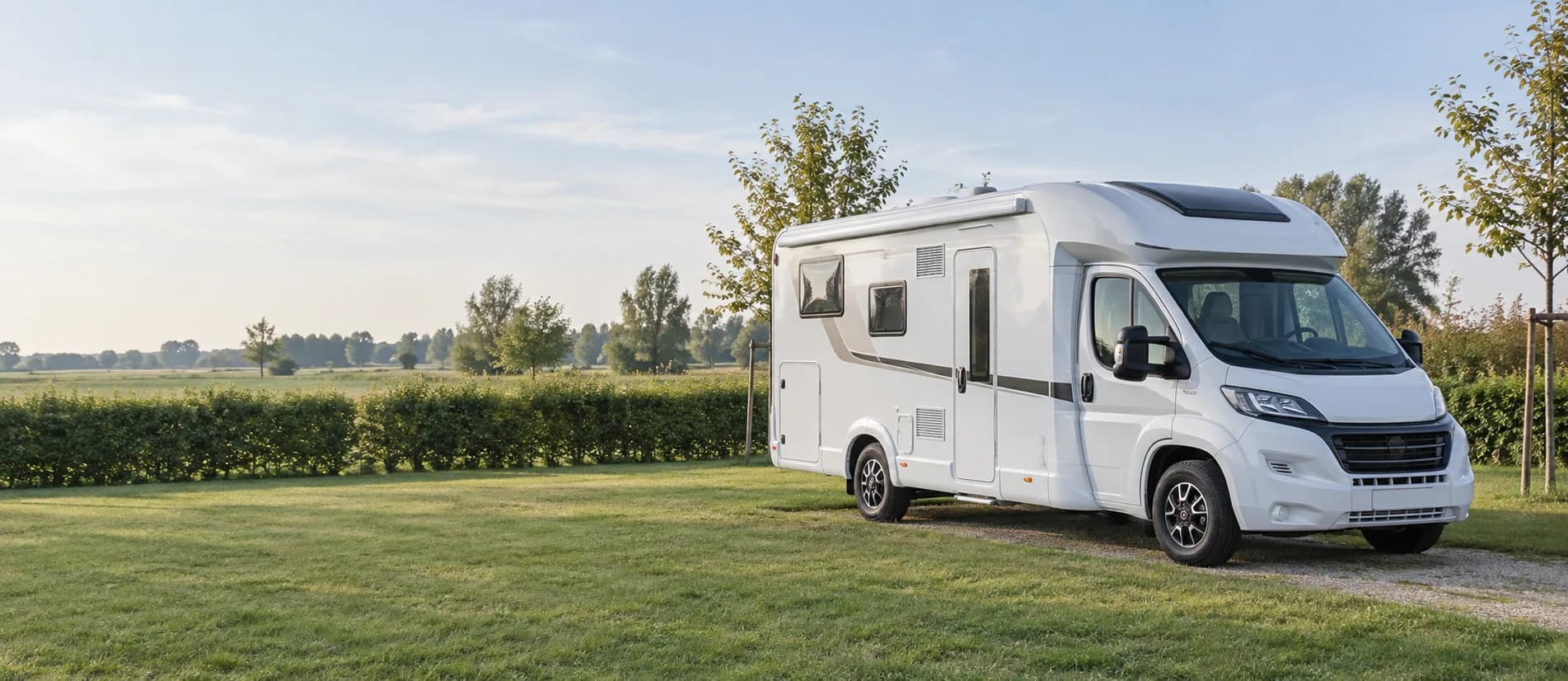 Witte mobilhome op een rustige camping