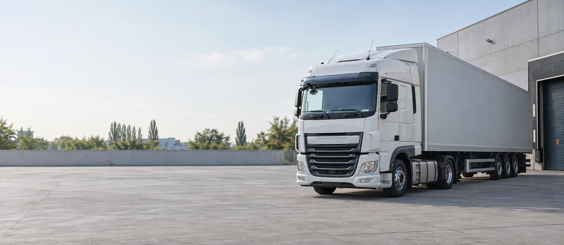 Vrachtwagen met oplegger bij een logistiek depot